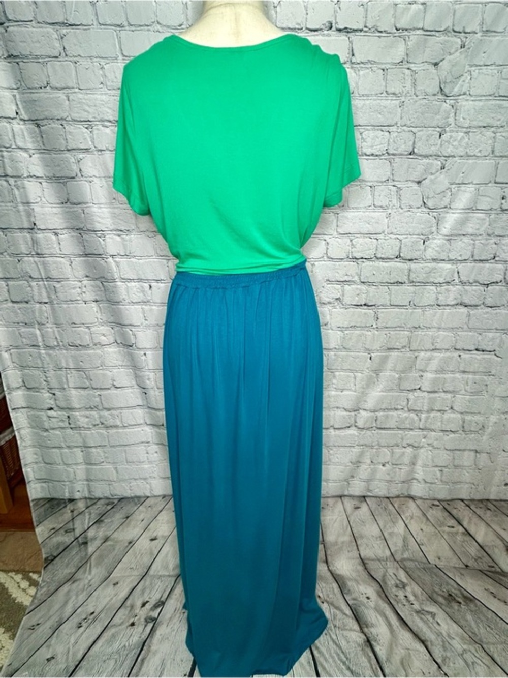 Isaac Mizrah Colorblock Maxi Dress Green Teal Short Sleeve V Neck Medium - Picture 4 of 7